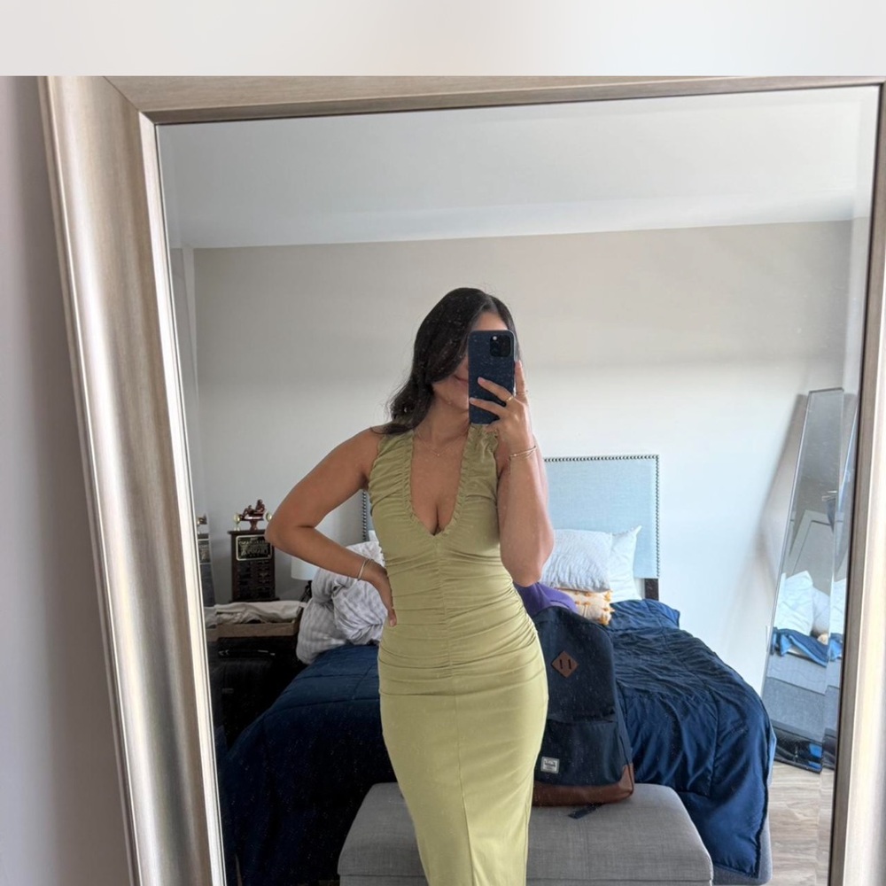 Zara Olive Green Ruched Midi Dress